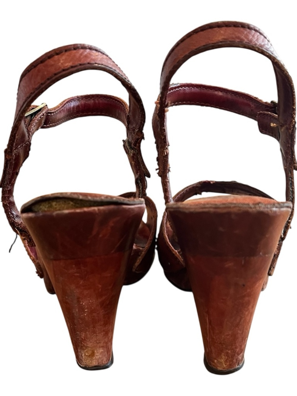True Vintage 70’s Imperial Leather Brown Strappy Platform wood Sandals size 7 - Picture 3 of 9